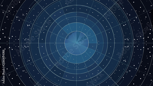 Fotografie Concentric circle grid pattern with scattered stars on a dark blue background re