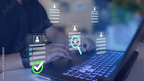 Automated resume screening and candidate evaluation using AI.  AI recruitment system for smart hiring, human resources management technology and automation in business