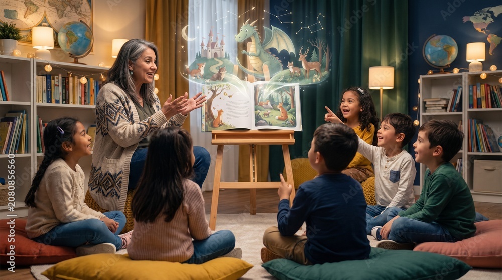 Obraz premium A diverse group of children captivated by enchanting storytelling and vivid imagination, as a narrator projects a magical tale from a book