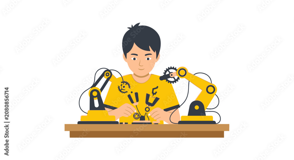 Naklejka premium Young Boy Building Robotics with Mechanical Arms - STEM Education and Future Engineering Concept Vector Illustration