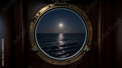 Moon over calm sea seen through a round ship porthole at night.