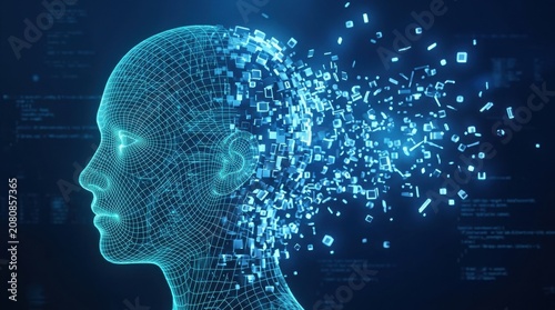 Digital human head with disintegrating pixels on a blue coding background