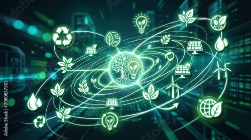 Sustainable technology network green energy solutions and environmental responsibility in a futuristic cityscape