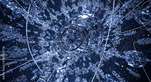 Futuristic  transparent spherical machine with glowing snowflake crystals and light rays in a blue black sci fi microscopic tech scene.