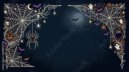 Halloween background with spider webs, pumpkins, ghosts, and bats