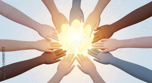 Diverse hands jointly holding a glowing heart-shaped light on a light blue gradient background, symbolizing teamwork, care, and unity.