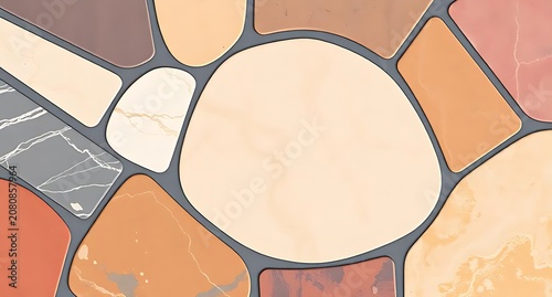 Colorful mosaic stone tile set with a mix of beige, gray, orange, and brown shades, featuring textured and smooth finishes, ideal for artistic wall and floor decoration, adding vibrant charm to spaces