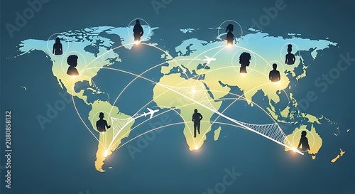 Blue and yellow world map illustration with black human silhouettes connected by glowing lines, airplanes, and bridges, symbolizing global networking.