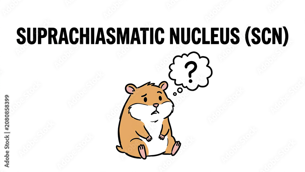 Fototapeta premium Confused Hamster and Brain Science: A cartoon hamster with a question mark in a thought bubble looks puzzled, next to text about the Suprachiasmatic Nucleus (SCN).