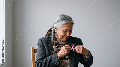 Elderly Indigenous Woman Smiling While Attaching Pink Ribbon for Breast Cancer Awareness Month