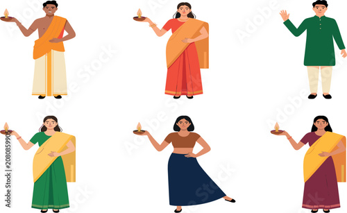 Indian people in traditional clothing holding diya, Diwali festival celebration character cartoon vector illustration set