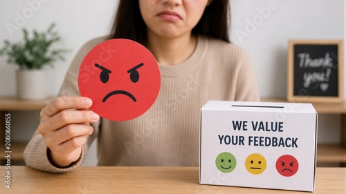 Woman holds red angry face. Feedback box beside her with emoji icons. She shows displeasure clearly. Ideal for customer service or survey contexts. Simple, direct, and emotionally clear