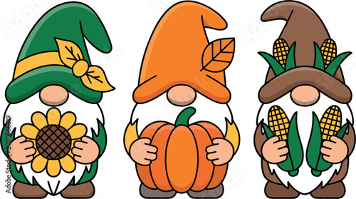 Autumn fall harvest gnomes cartoon character set, sunflower pumpkin corn seasonal holiday vector illustration