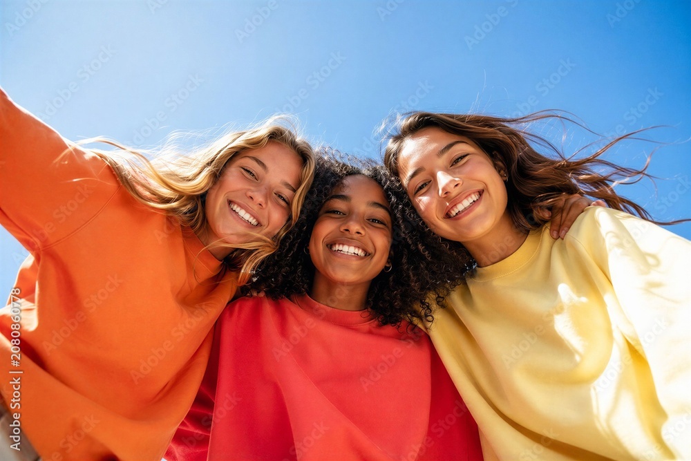 Fototapeta premium Diverse group of smiling young friends looking down at camera outdoors