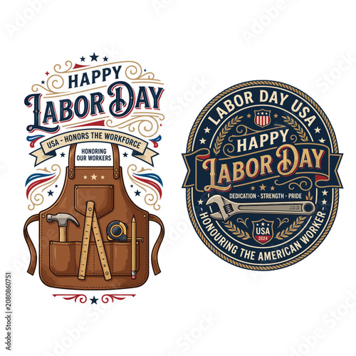 Vintage american labor day badges featuring work apron and wrench insignia american illustration national professional craftsman maintenance hardware equipment patriotic september carpenter