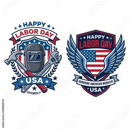 American labor day labels with welding mask and flag eagle wings american illustration national professional craftsman maintenance hardware equipment patriotic september employment