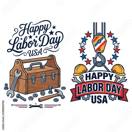 American labor day graphic collection with toolbox and construction crane construction industry american illustration national professional craftsman maintenance hardware equipment building