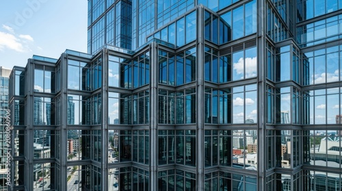 Modern glass office building facade with blue sky reflection and geometric metal structure in a bright city downtown area