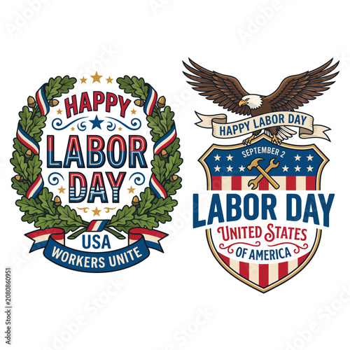 Labor day celebration badge collection featuring oak leaf wreath and majestic bald eagle carrying american flag shield design american celebration patriotism illustration september workforce
