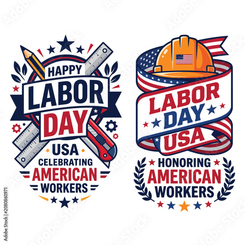 Labor day celebration emblems featuring hard hat and construction tools with usa flag elements american industry patriotic september celebration national profession celebrate workforce