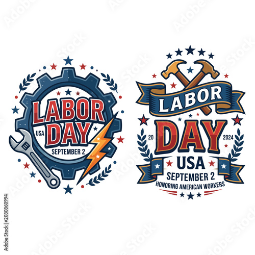 Happy labor day patriotic emblems with gears and crossed hammers for american labor celebration american lightning industry patriotic september celebration national profession celebrate