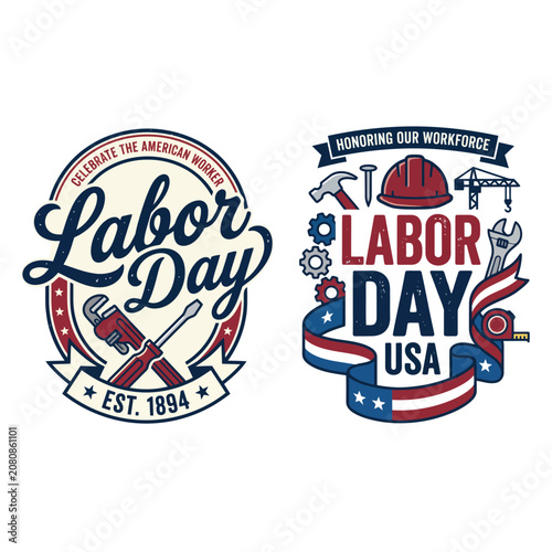 American labor day graphic set featuring tools and construction symbols construction celebration september national typography illustration honoring workforce hardwork dedication employment