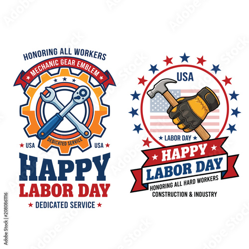 Happy labor day graphic badges dedicated to construction industry workers and mechanics with hard hat blue collar united states industry construction mechanic september american workforce