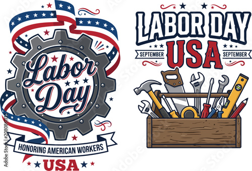Labor day usa graphic collection featuring industrial tools and construction equipment emblems blue collar united states american construction september industry workforce tradesman equipment