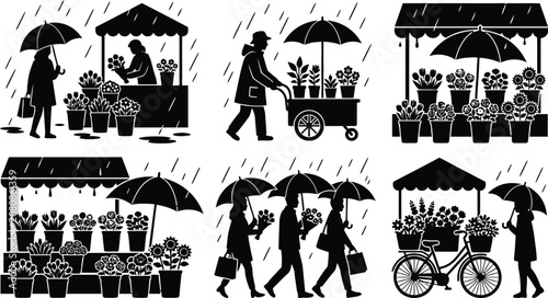Foto People shopping at flower carts in rain with umbrellas