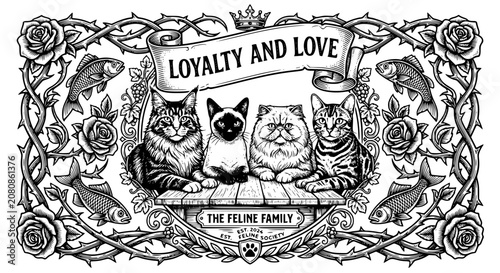 Tableau sur toile loyalty and love, feline family, black and white cats, svg, vector illustration,