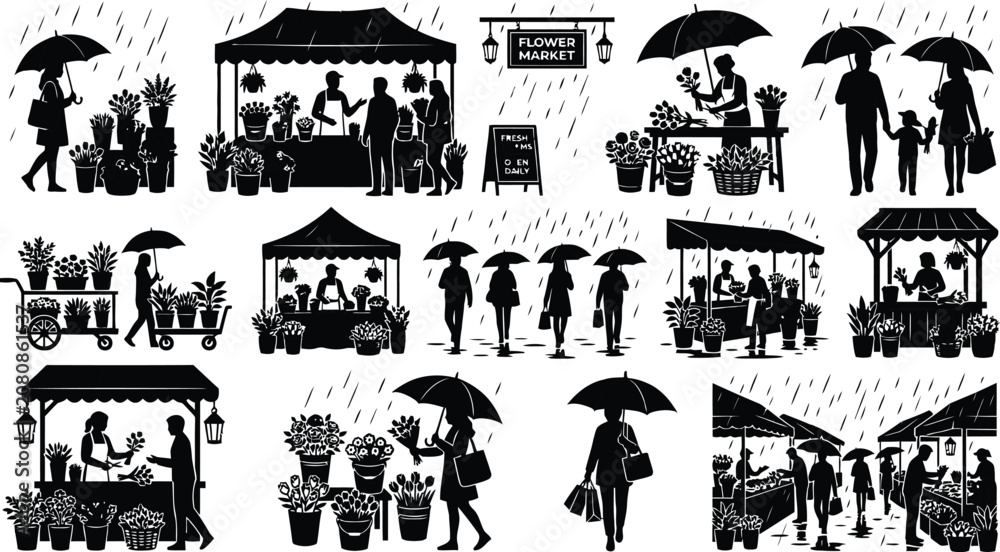 Fototapeta premium People shopping at a flower market with umbrellas
