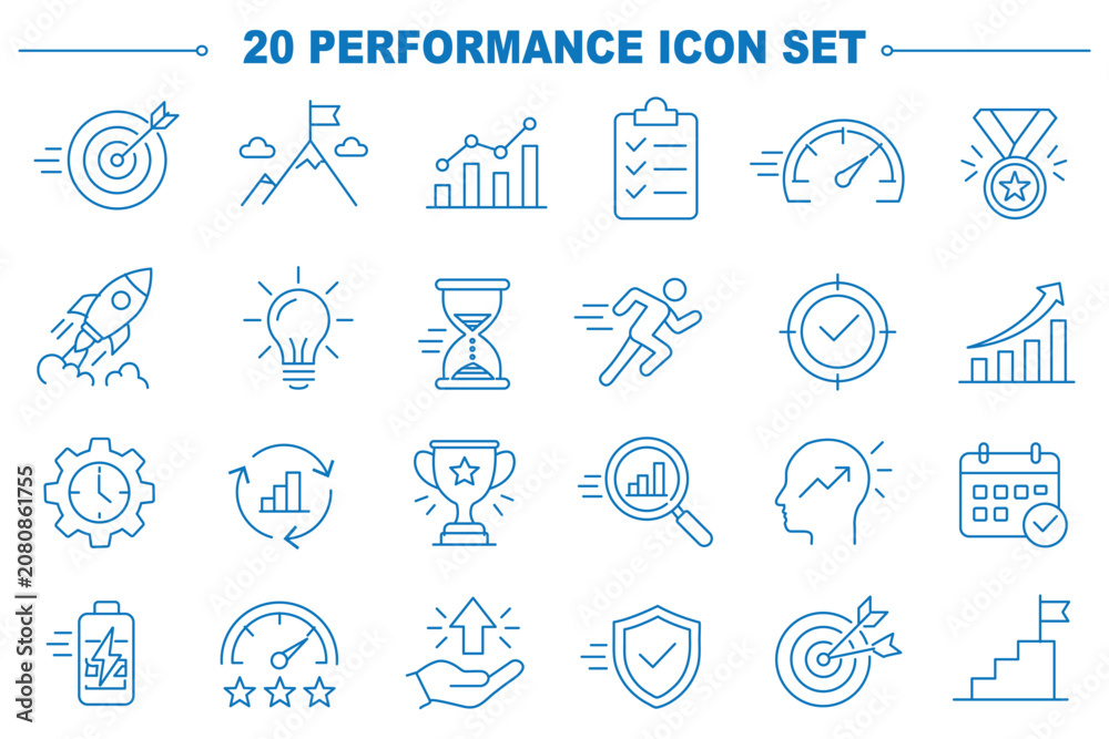 Fototapeta premium Performance thin line icon collection for speed, progress and efficiency concept. Editable stroke. Pixel perfect