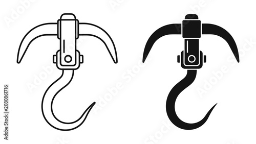 Vászonkép Grappling Hook Icon: A minimalist vector illustration showing a grappling hook in both line art and silhouette form, symbolizing utility, ascent, and overcoming obstacles