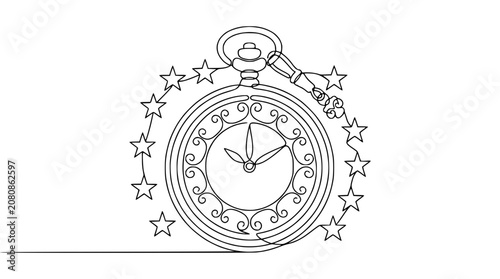Continuous line drawing of a pocket watch with stars, abstract time concept