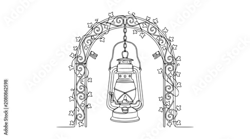 Vintage lantern hanging from ornate wrought iron archway with ivy vines