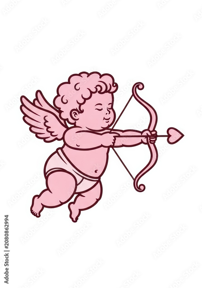 Obraz premium Pink Cupid Illustration with Bow and Heart Arrow for Valentine's Day Design, Romantic Cherub Vector Art on White Background