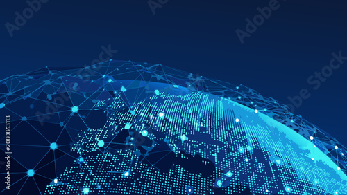 Obraz na płótnie Dotted globe with interconnected network of glowing blue points a digital vector
