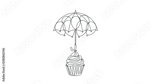 Cupcake suspended under an umbrella, single line drawing, minimalist, creative food illustration