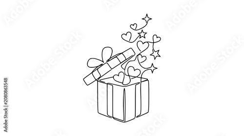 Open gift box with hearts and stars emerging, single line art illustration