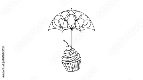 Single Line Drawing of a Cupcake Under an Umbrella, Sweet Treat Protection