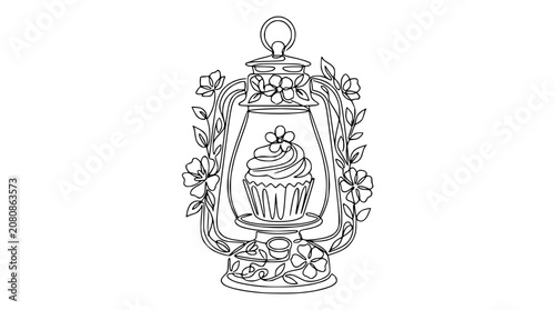 Outline Lantern with Cupcake and Flowers - Whimsical Drawing