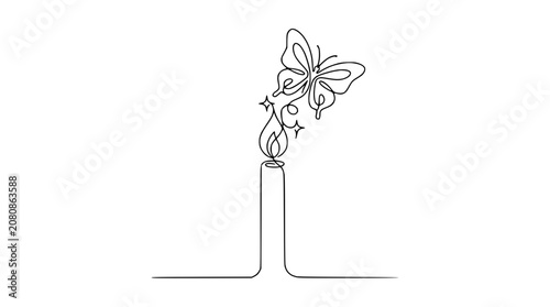 Single line drawing of a butterfly emerging from a candle flame with stars, symbolizing hope and transformation.