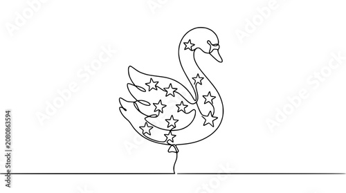 Elegant Swan with Stars Continuous Line Drawing, Abstract Art, Minimalist Design