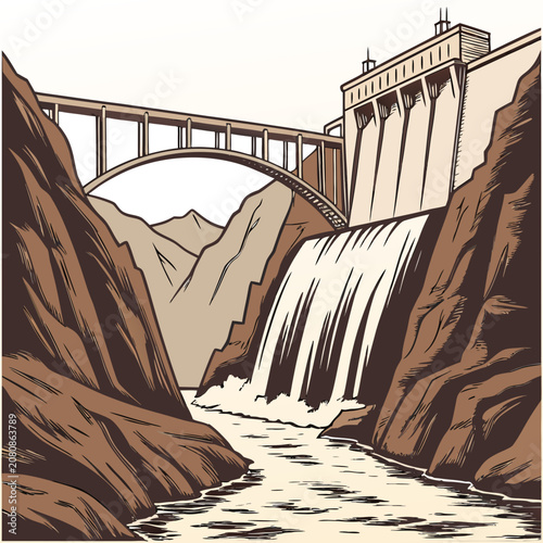 Fotografie Brown and white of a hydroelectric dam with a bridge spanning the canyon and wat
