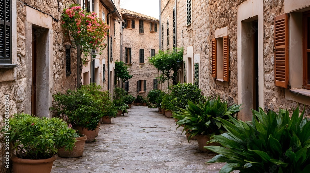 Fototapeta premium A view down a narrow historic stone passageway lined with aged buildings and rustic wooden shutters under bright daylight