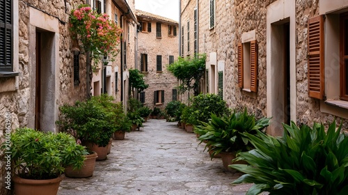 A view down a narrow historic stone passageway lined with aged buildings and rustic wooden shutters under bright daylight