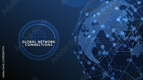 Quadro su tela Global network connections illustration with a world globe and interconnected no