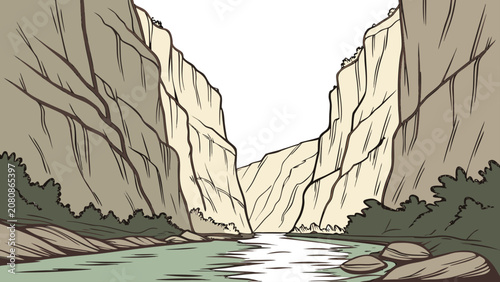 Tableau sur toile Of a deep canyon with towering beige rock cliffs, a flowing river, and green shr