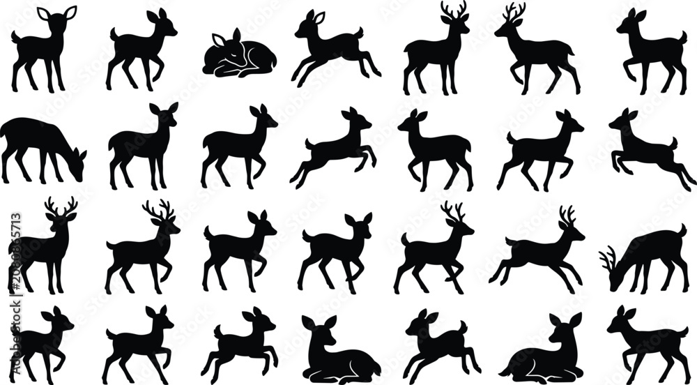 Fototapeta premium Forest Deer Silhouette Vector Set with Stag Antlers, Grazing Fawn, Running Buck, and Standing Reindeer Shapes for Nature and Winter Holiday Graphic Designs