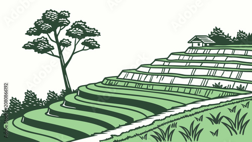 Foto A stylized green and white of terraced rice paddies on a hillside with a small h